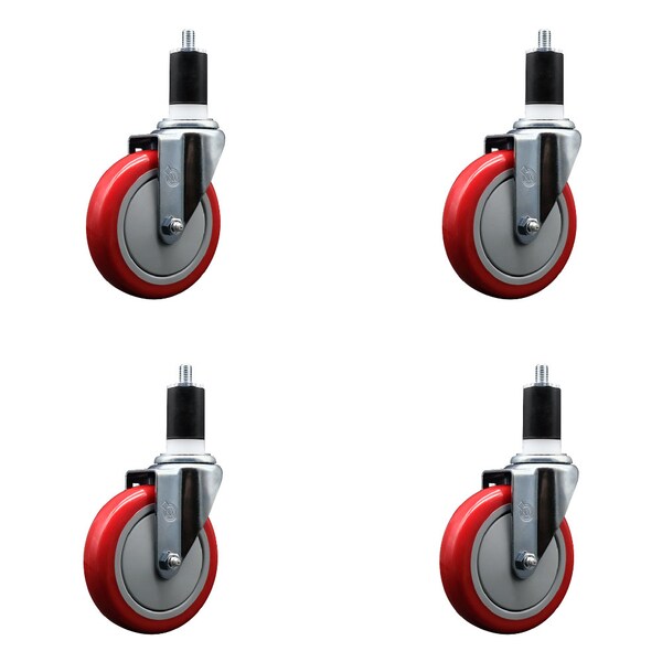 5'' SS Red Poly Wheel Swivel 1-1/2'' Expanding Stem Caster Set, 4PK